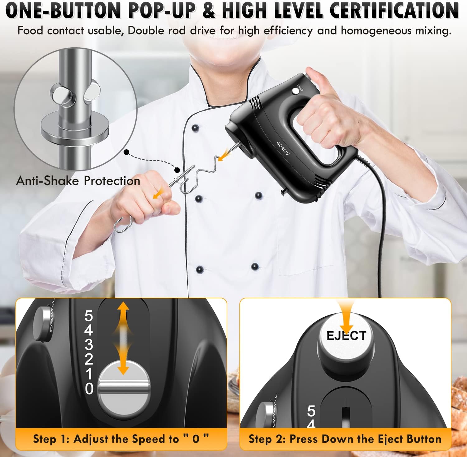 Electric Hand Mixer with Stainless Steel Whisk, Dough Hook Attachment and Storage Bag, Handheld Mixer for Baking Cakes, Eggs, Cream Food Mixers. Turbo Boost /5 Speed Kitchen Blender