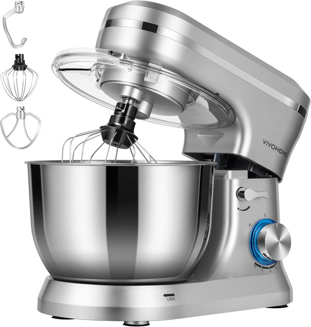 VIVOHOME 4.75 Quart Stand Mixer, 8 Speed Kitchen Electric Food Mixer, Household Stand Mixer for Baking, Cake, Bread with Beater, Dough Hook, Wire Whip and Egg Separator, Silver