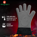 Ekogrips Plus Oven Gloves with Fingers, Comfy Waterproof Silicone Oven Mitts Heat Resistant with Long Cuff, Insulated BBQ Gloves Perfect for Grilling, Baking, Smoker, Canning, and Pizza, Grey, OSFM