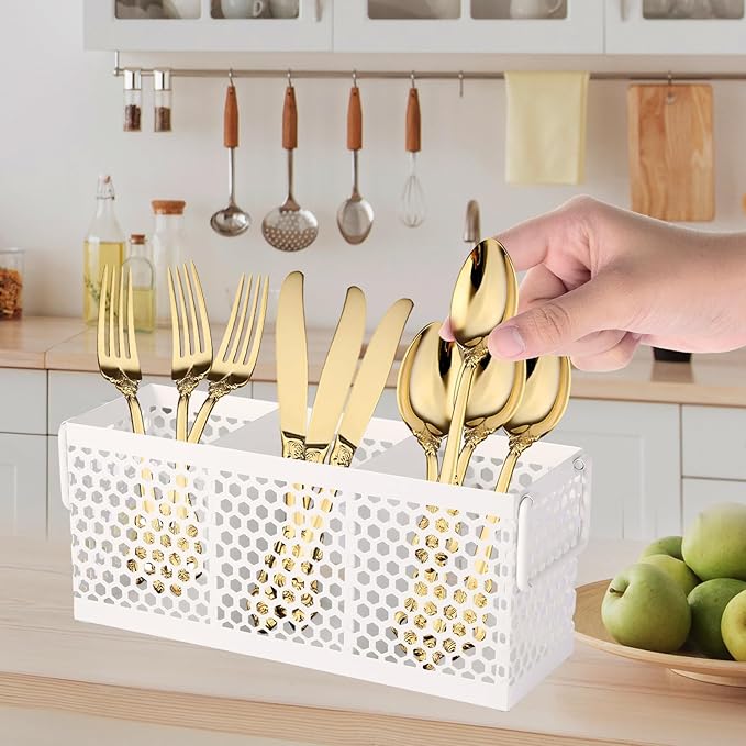 Kitchen Utensil Holder with 3Compartments Metal Mesh Silverware Caddy Organizer with Sturdy iron Base for Kitchen Countertop，Black Cooking Utensil Crock