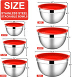 E-far Mixing Bowls with Lids, 12-Piece Stainless Steel Salad Bowls Metal Nesting Bowls for Baking Cooking and Prepping, Airtight Lids & Stackable Design, Size 7, 4.5, 3, 1.5, 1.2, 0.7 QT (Red)