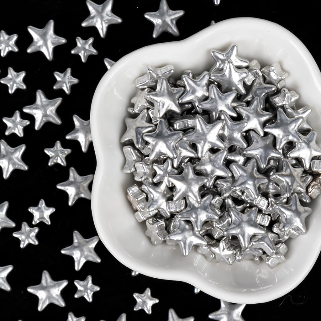 Twisweet Silver Sprinkles, Edible Silver Stars for Cake Decorating, Sugar Sprinkles for Baking, Mix Size Silver Candy, Cake Topper Ice Cream Cupcake Cookie Toppings Dessert Decorations, Christmas Wedding Birthday Party Supplies (130g/4.58oz)