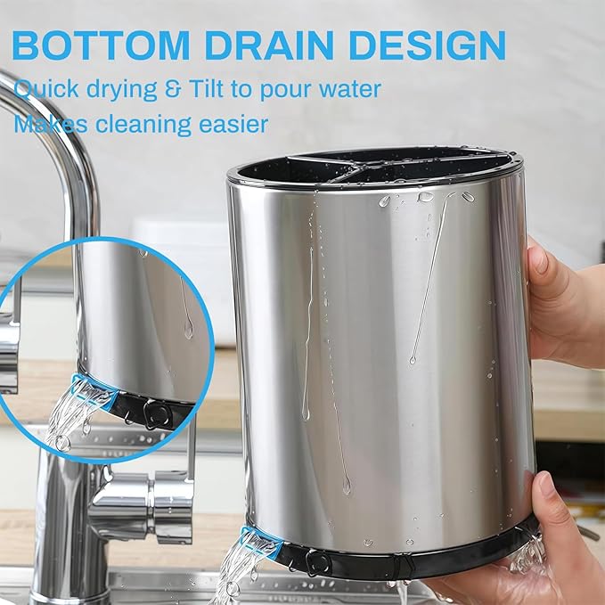 Kitchen Utensil Holder - 360° Rotating Stainless Steel Countertop Organizer for Spoons, Spatulas & Cutlery Storage, Cooking Silverware Caddy with Removable Base, Beige