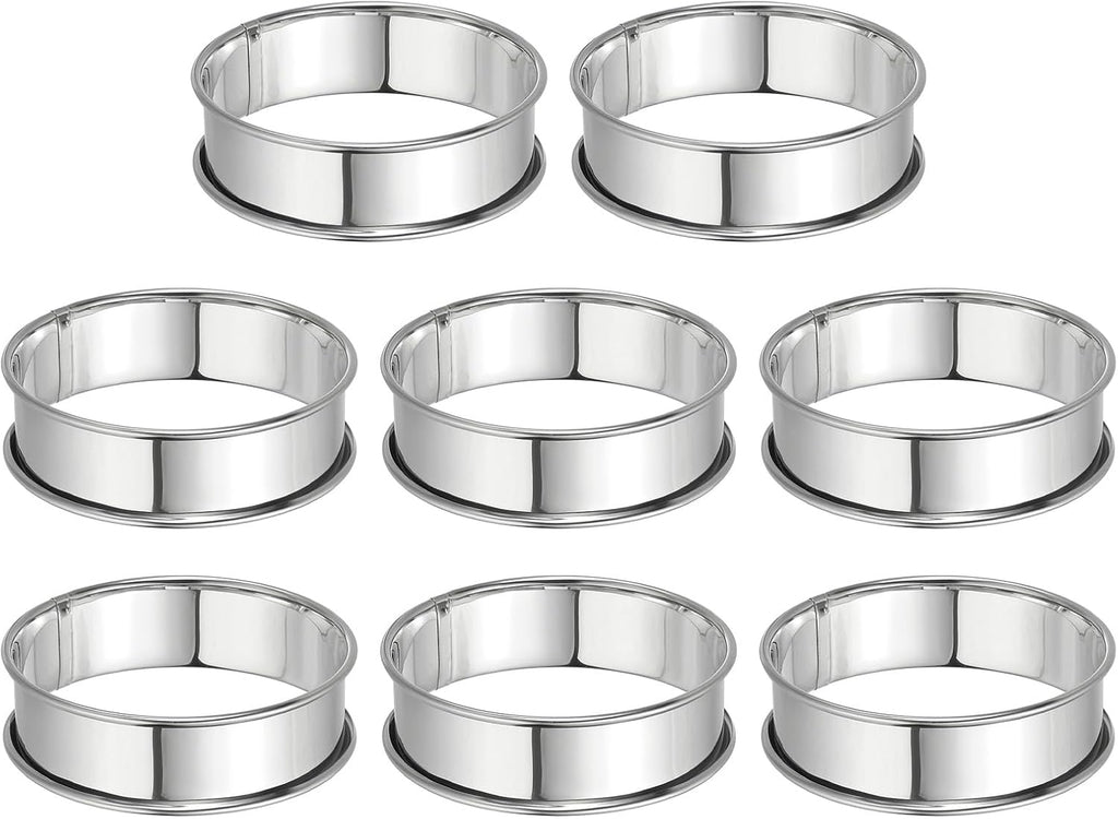 HARFINGTON 8pcs Crumpet Rings 3.15" Nonstick Round Cake Ring Stainless Steel Double Rolled English Pastry Rings for Kitchen Baking Crumpet Dessert, Silver