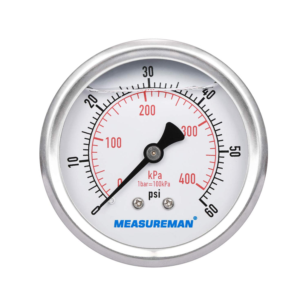 MEASUREMAN 2-1/2inch Dial Size, Liquid Filled Pressure Gauge, 0-60psi/400kpa, 304 Stainless Steel Case, 1/4inchNPT Back Mount