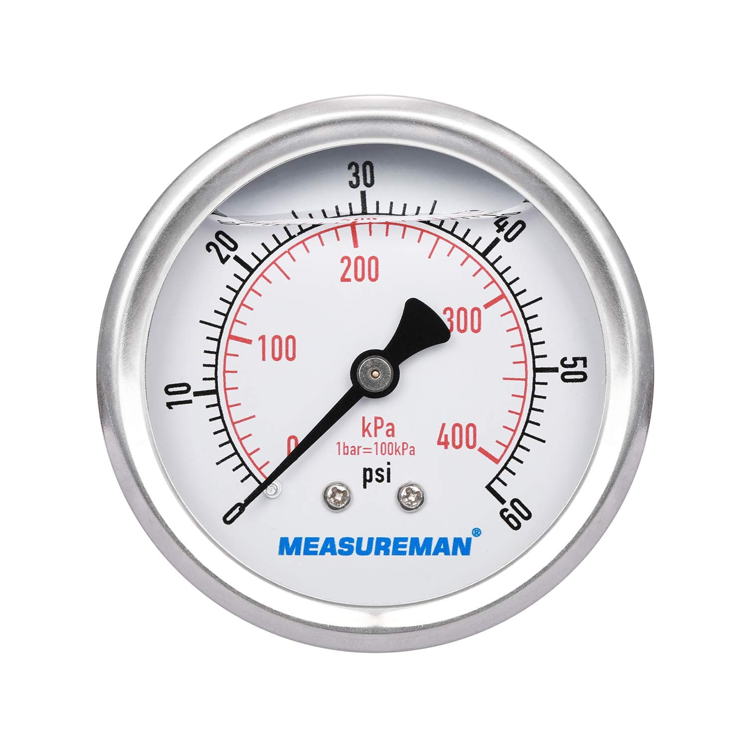MEASUREMAN 2-1/2inch Dial Size, Liquid Filled Pressure Gauge, 0-60psi/400kpa, 304 Stainless Steel Case, 1/4inchNPT Back Mount