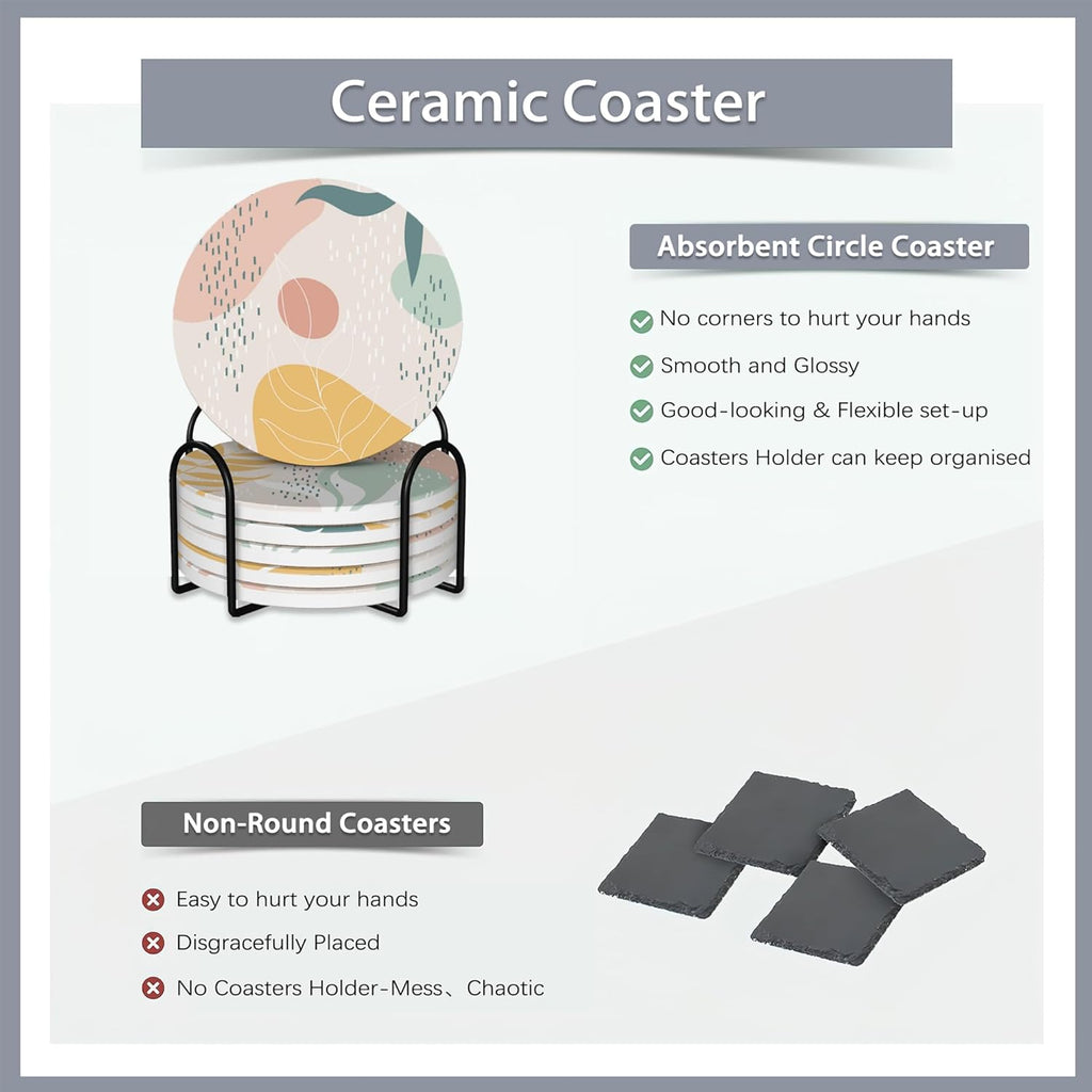 Drink Coasters Set of 6 with Holder,Abstract Dots and Leaves Absorbent Ceramic Coasters with Cork Base,Fit All Cups,Tabletop Protection Mat for Mugs and Cups,Office,Kitchen