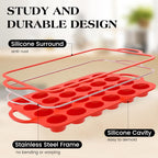 Silicone Mini Muffin Pan With Stainless Steel Reinforced Frame 24 Cups Nonstick Cupcake Molds for Baking Silicone Muffin Tray with Handles(2 Pcs, Red)