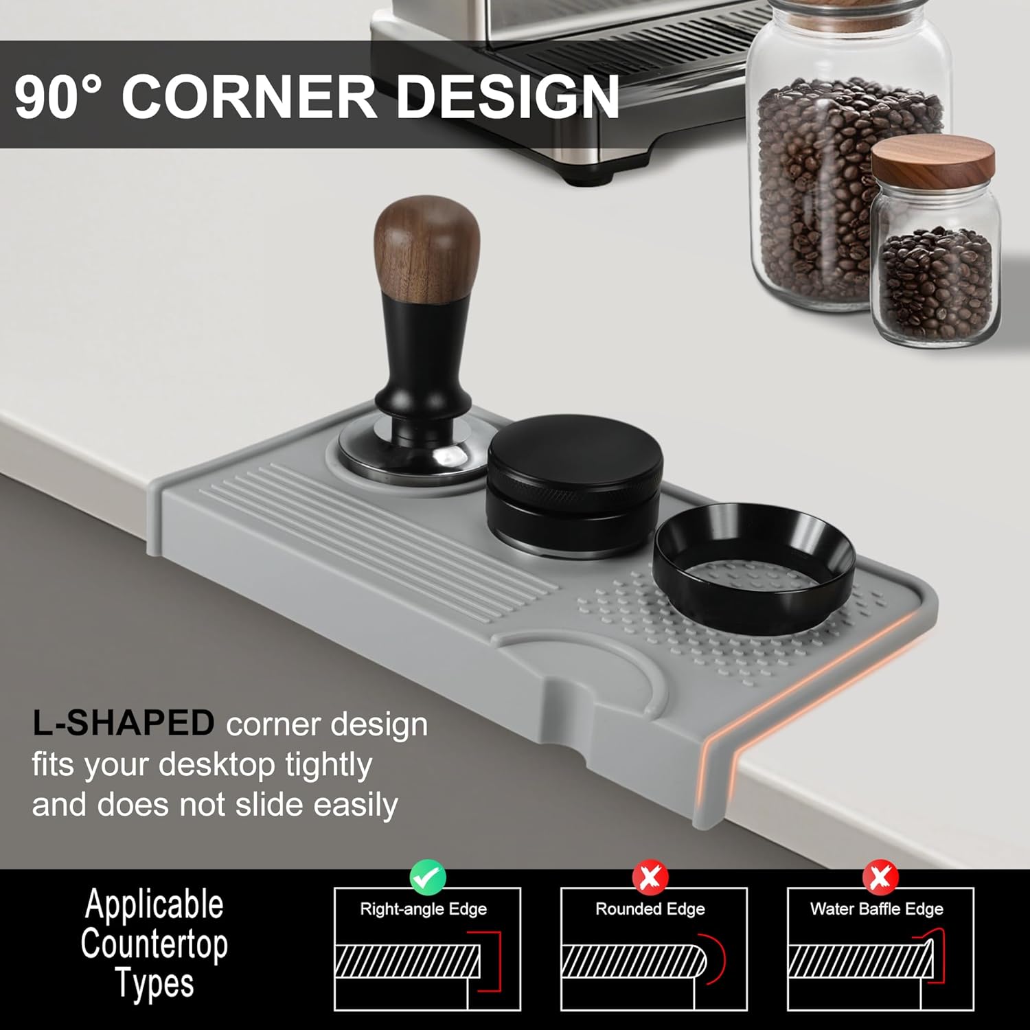 VOCOSTE Espresso Tamping Mat, Non-Slip, Prevents Portafilters from Damaging the Counter, Silicone 10.43"x5.51" Coffee Tamper Mat for Barista Espresso Machine Accessories, Grey