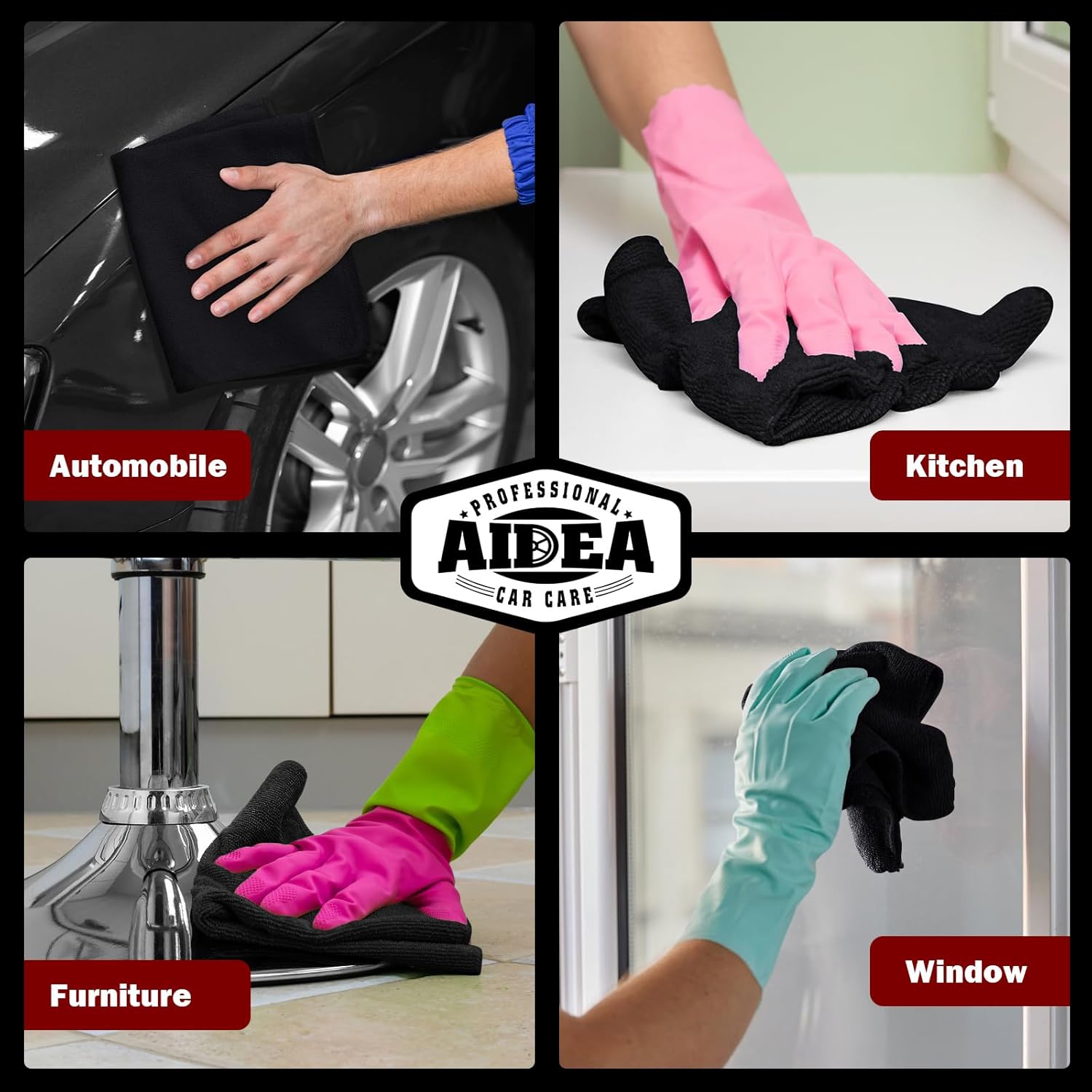 AIDEA Microfiber Cleaning Cloth Black 150PK, Microfiber Towels for Cars, Premium Car Cloths, Dusting Cloth Lint Free Cleaning Rags for SUVs, House, Kitchen, Window, Workshops,12×12"