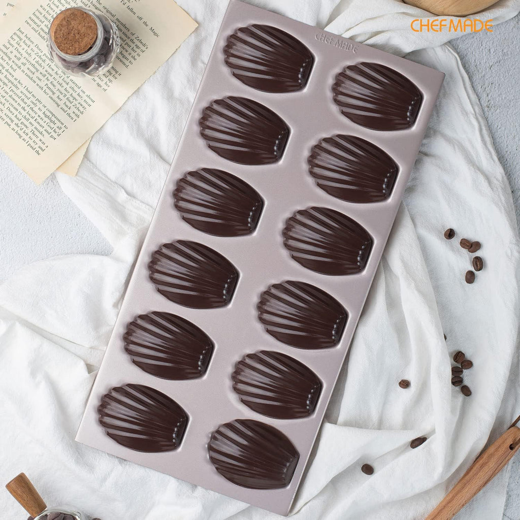 CHEFMADE Madeleine Mold Cake Pan, 12-Cavity Non-Stick Oval Shell Madeline Bakeware for Oven Baking (Champagne Gold)