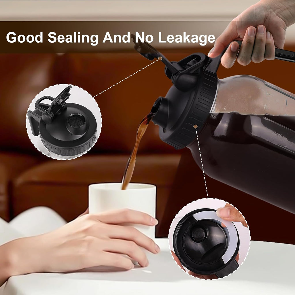 Cold Brew Coffee Maker - 64 Oz Heavy-Duty Glass Mason Jar Pitcher with Stainless Steel Filter, Leak-Proof Lid, Ergonomic Handle & Precision Pour Spout – Ideal for Iced Coffee, Tea, Cold Brew (Black)