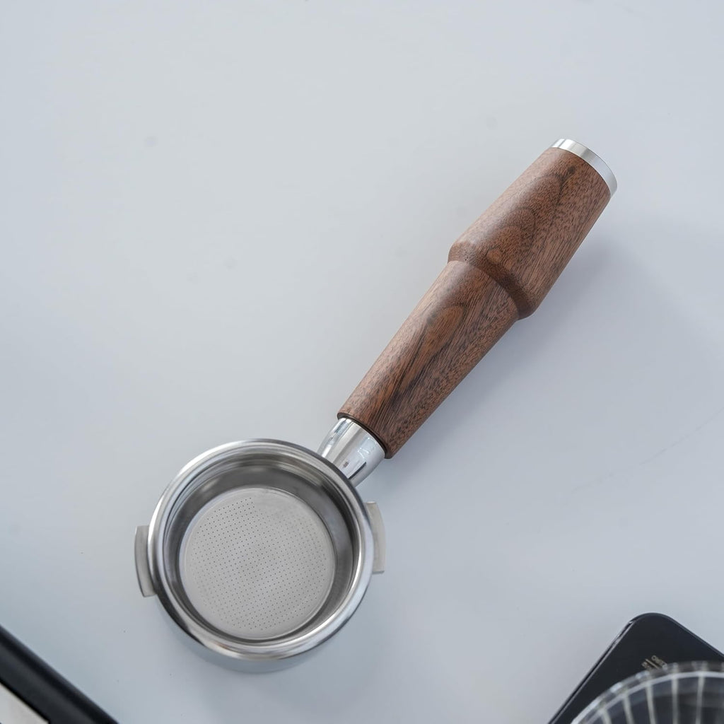 58mm Bottomless Portafilter for Gaggia Classic Pro, Evo, E24 Espresso Machines With Upgraded Walnut Handle and 18-21 Gram Filter Basket