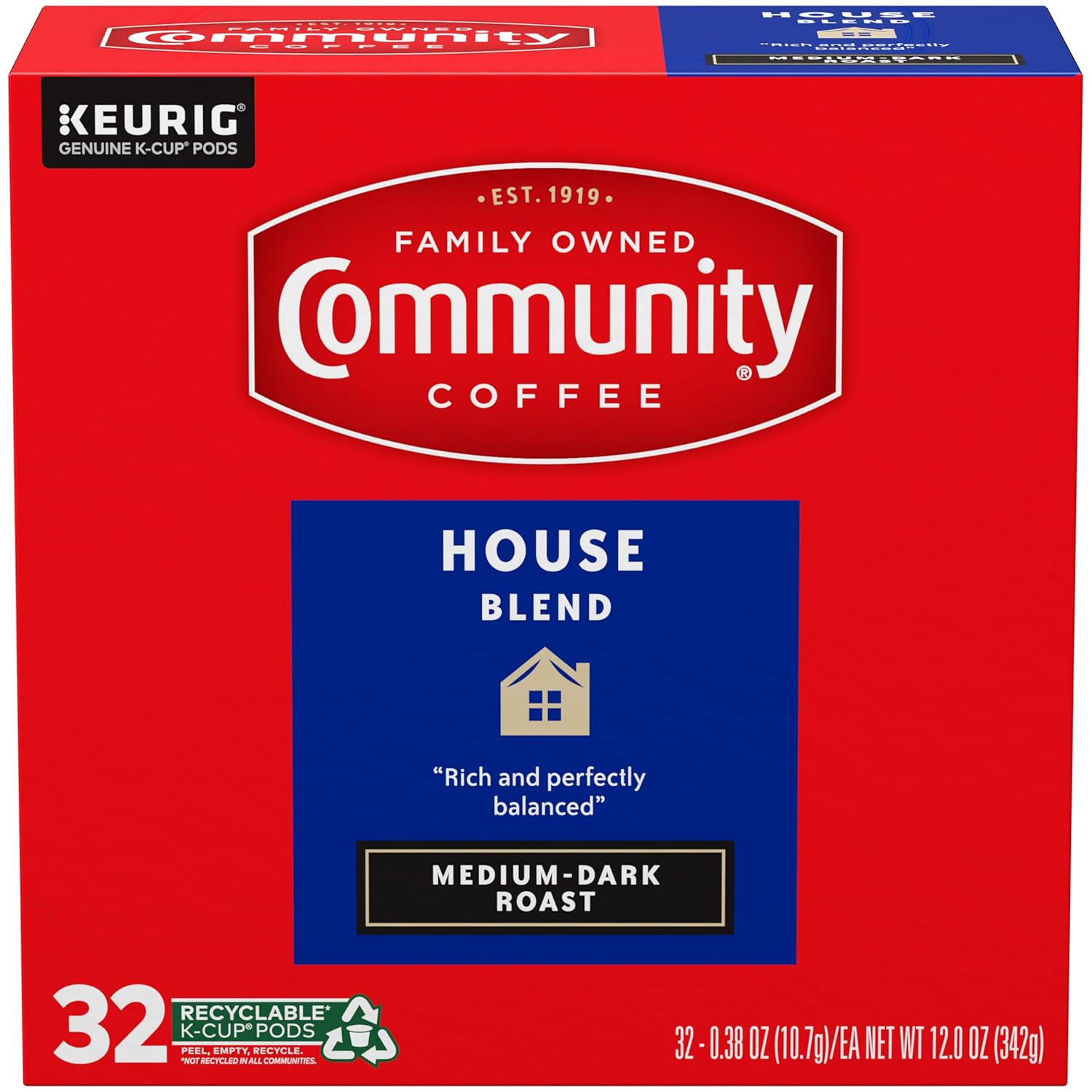 Community Coffee House Blend, Medium-Dark Roast, Single-Serve Keurig K-Cup Pods, 32 Count (Pack of 4)
