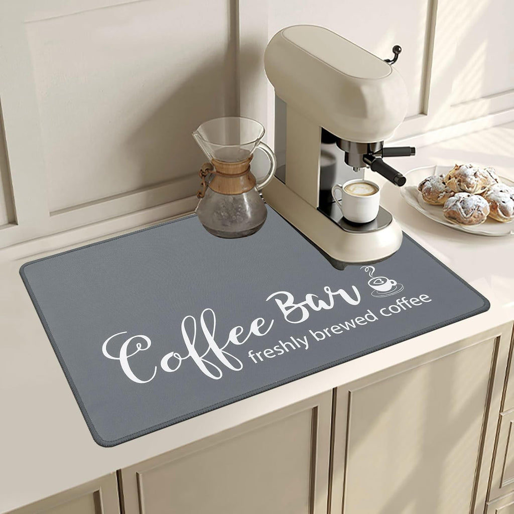 SHACOS Coffee Bar Mats 2 pcs 12x19 Inch Absorbent Non Slip Rubber, Waterproof Heat Resistant, Gray