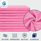 GLIMGLINT Pink Microfiber Cleaning Cloth, 12 Pack Cleaning Towels for Kitchen, Lint Free, Scratch-Free, Highly Absorbent, and Reusable Cleaning Rags for House, Window and Glass, Cars, 14"X12"