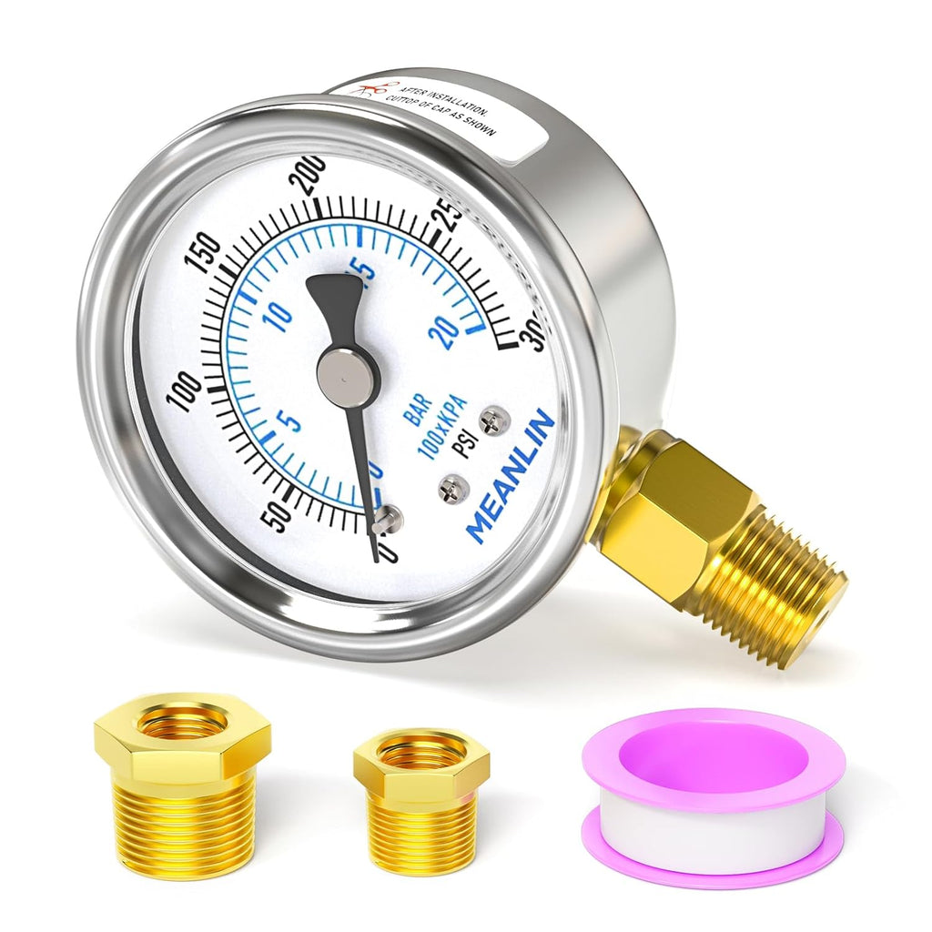 MEANLIN MEASURE 0~300Psi Dry Pressure Gauge Stainless Steel 1/4" NPT 2" FACE DIAL Waterproof for Air Compressor Air Regulator Water Filter Lower Mount, with 1/2" NPT and 3/8" NPT Hex Bushing