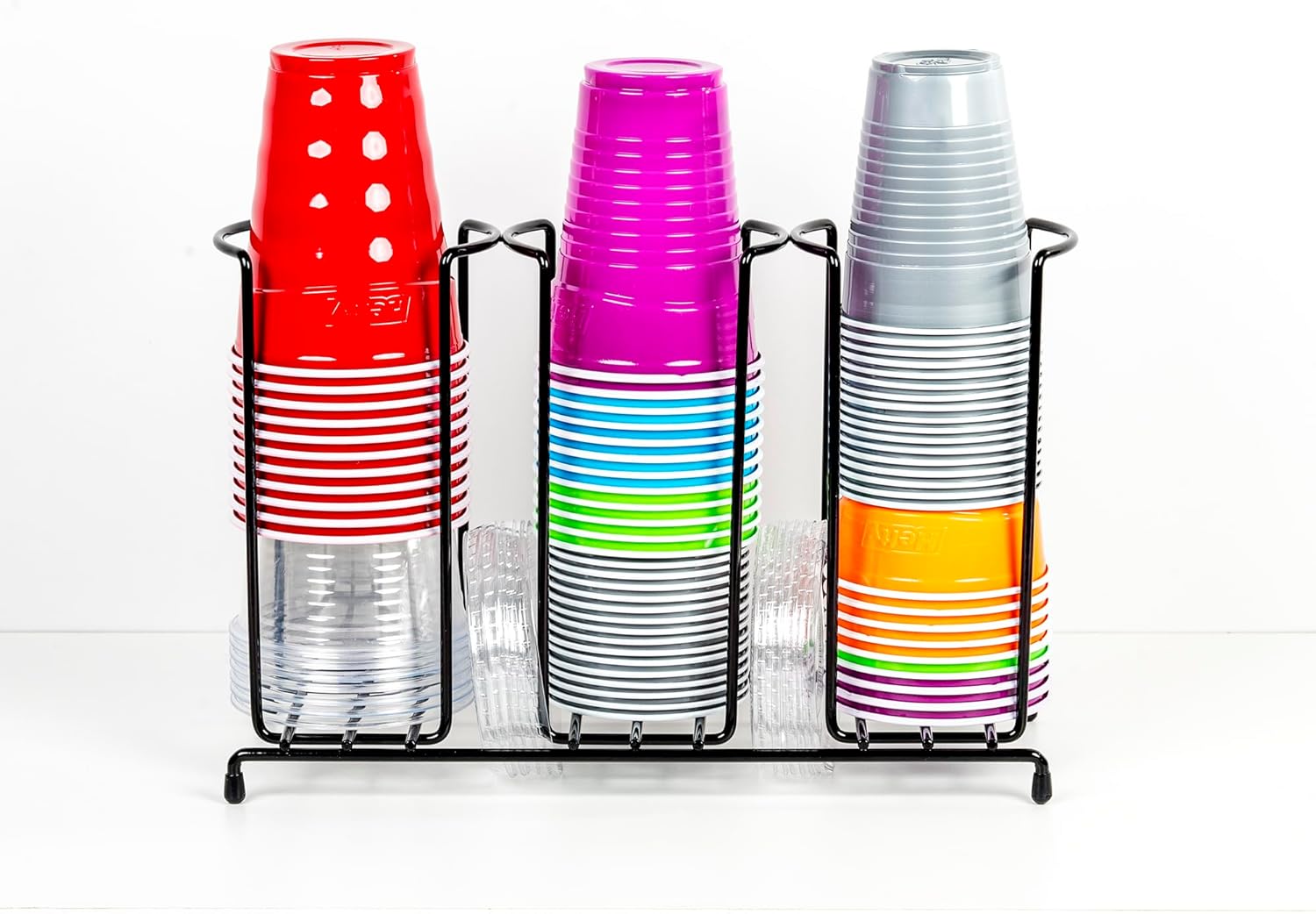 Wire Frame Cup and Lid Organizer, 3 Compartment Metal Rack Design Storage Holder for Plastic, Coffee Beverage Cups