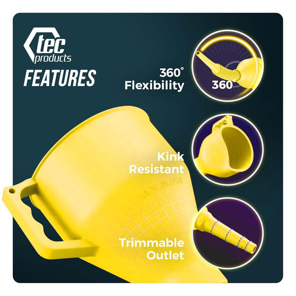 FlexAll Long Flexible Funnel for Automotive Use - Durable Nitrile Rubber - Ideal for Car Oil Change, Transmission Funnel Fluid, Diesel, Fuel, Gas - Made in USA - Yellow (16 x 5 Inches)