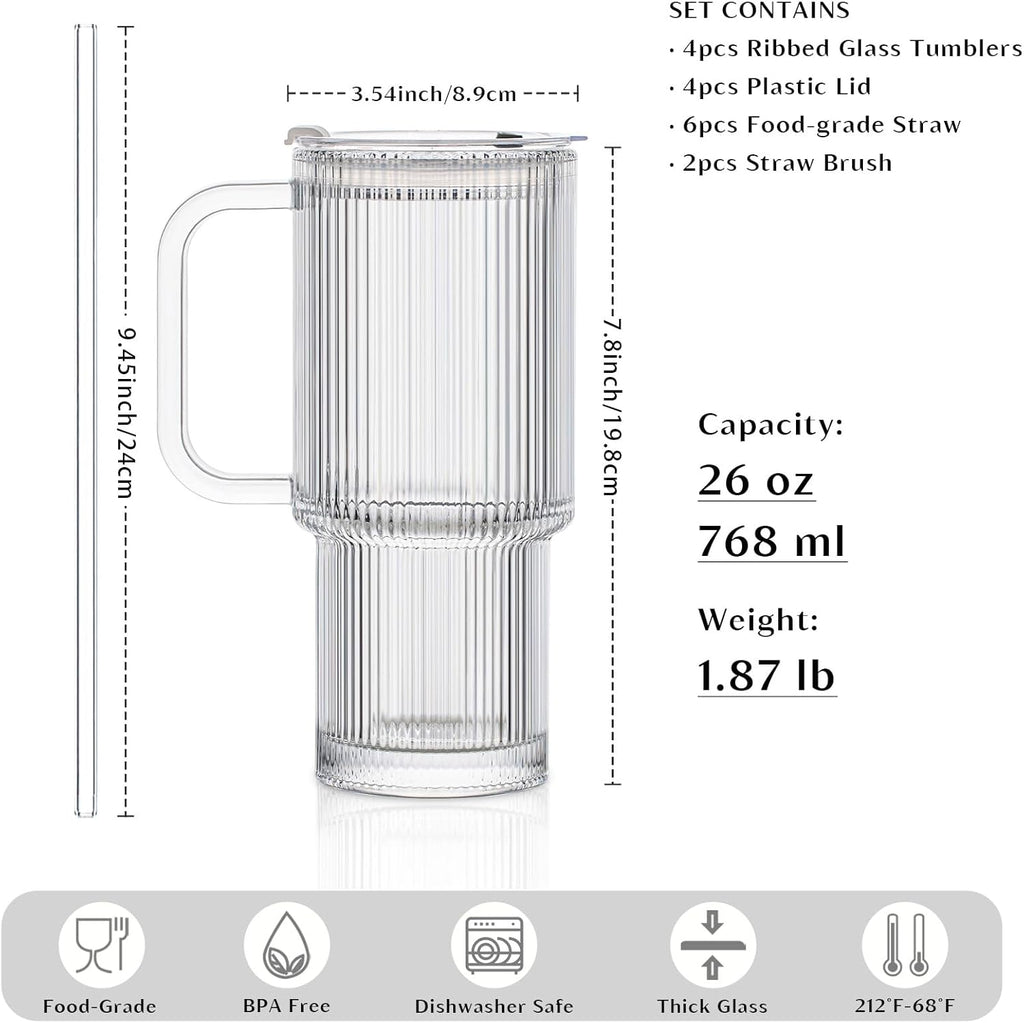 INSETLAN 26oz Ribbed Glass Tumbler with Handle & Lid – 4-Pack Large Iced Coffee Cups with Straws, Modern Glass Mug for Cold & Hot Beverages, Aesthetic Travel Cup for Smoothies, Tea, and Juice