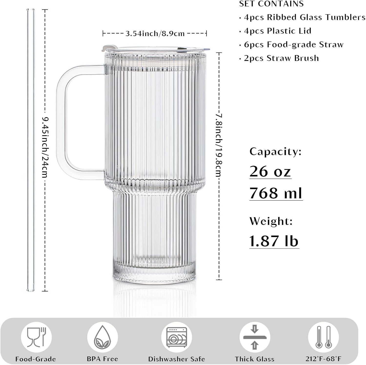 INSETLAN 26oz Ribbed Glass Tumbler with Handle & Lid – 4-Pack Large Iced Coffee Cups with Straws, Modern Glass Mug for Cold & Hot Beverages, Aesthetic Travel Cup for Smoothies, Tea, and Juice