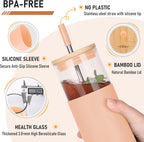 Glass Tumbler w/Lids & Straw:24oz Reusable Mug w/Bamboo Lid,Stainless Steel Straw, BPA-Free, Leak-Proof, Dishwasher Safe for Coffee, Smoothies, Hot Beverages,Travel,Office,Home Use,4-PK,Amber