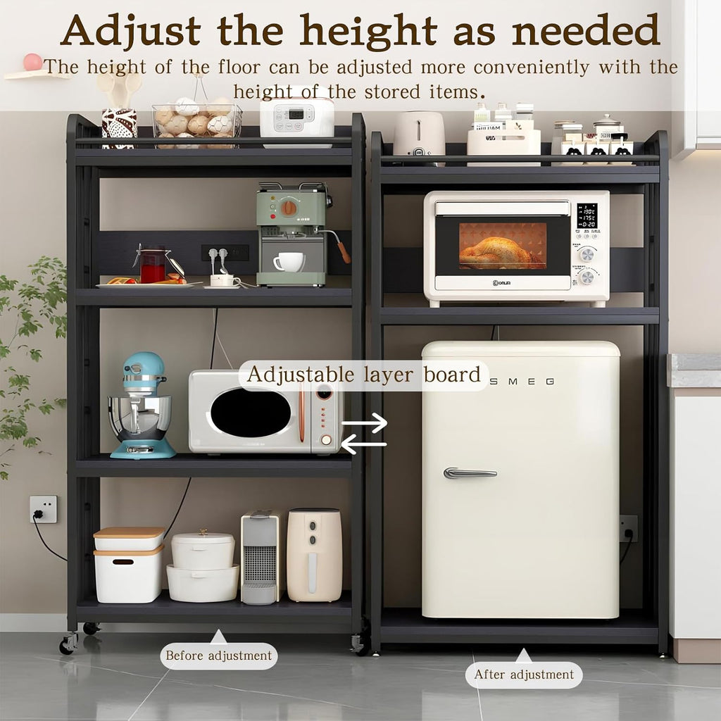 Adjustable 4-Tier Heavy Duty Kitchen Baker's Rack with Power Outlet, with Industrial Wheels, Free Standing Microwave Oven Cart Stand for Storage, Garage, Mini Fridge Stand, Black