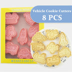 8Piece Vehicle Cookie Cutters Set,3D Transport-Themed Plastic Baking Molds for Cookies, Fondant, Cheese – Includes Plunger Stamp for Embossing (E)
