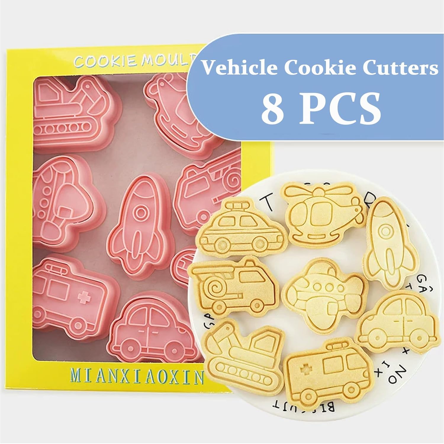 8Piece Vehicle Cookie Cutters Set,3D Transport-Themed Plastic Baking Molds for Cookies, Fondant, Cheese – Includes Plunger Stamp for Embossing (E)