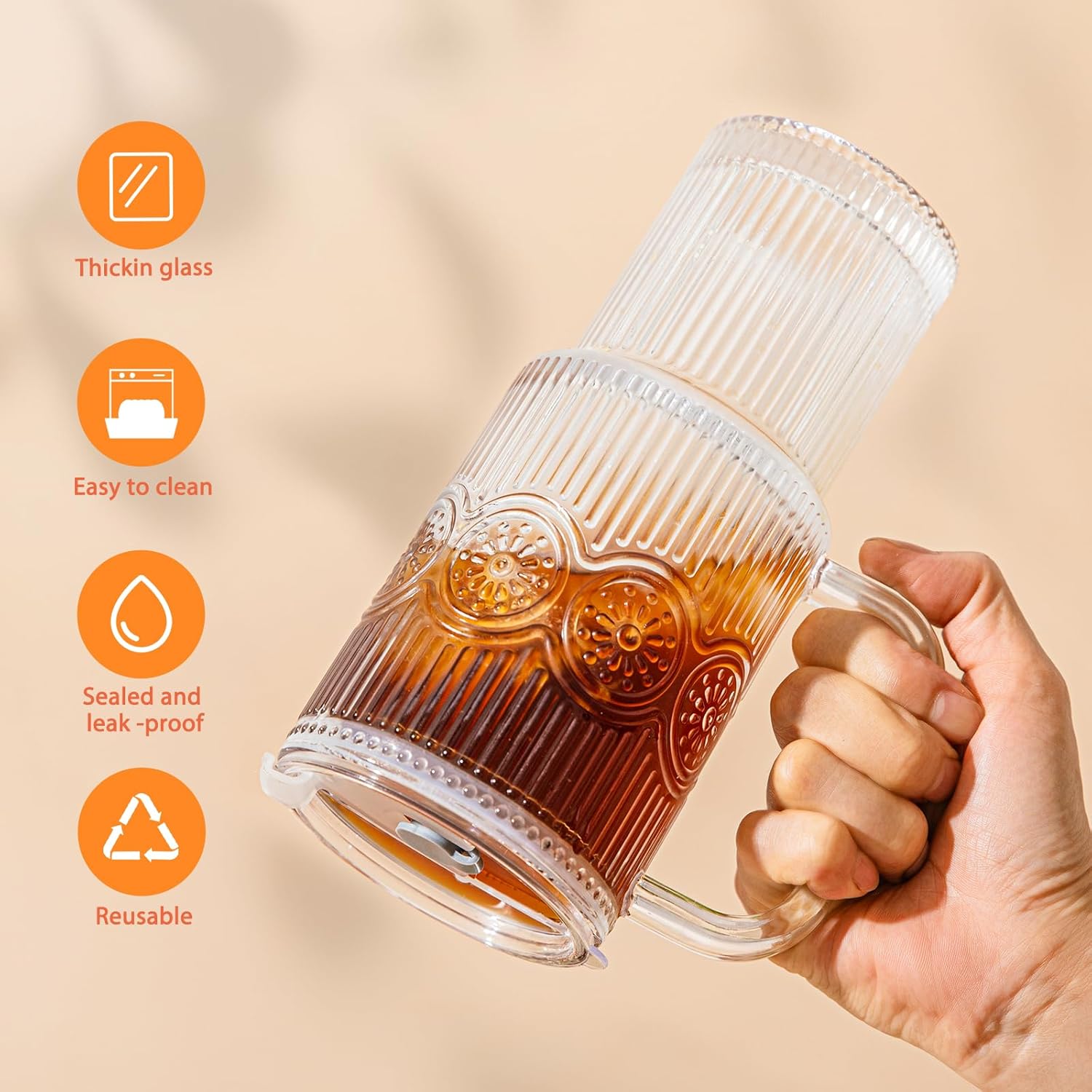 26oz Ribbed & Floral Glass Tumbler with Handle – Smoothie Cup with Lid & Straw – Reusable Iced Coffee Tumbler for Hot & Cold Drinks – Perfect for Smoothies, Matcha,Whiskey (Set of 1)