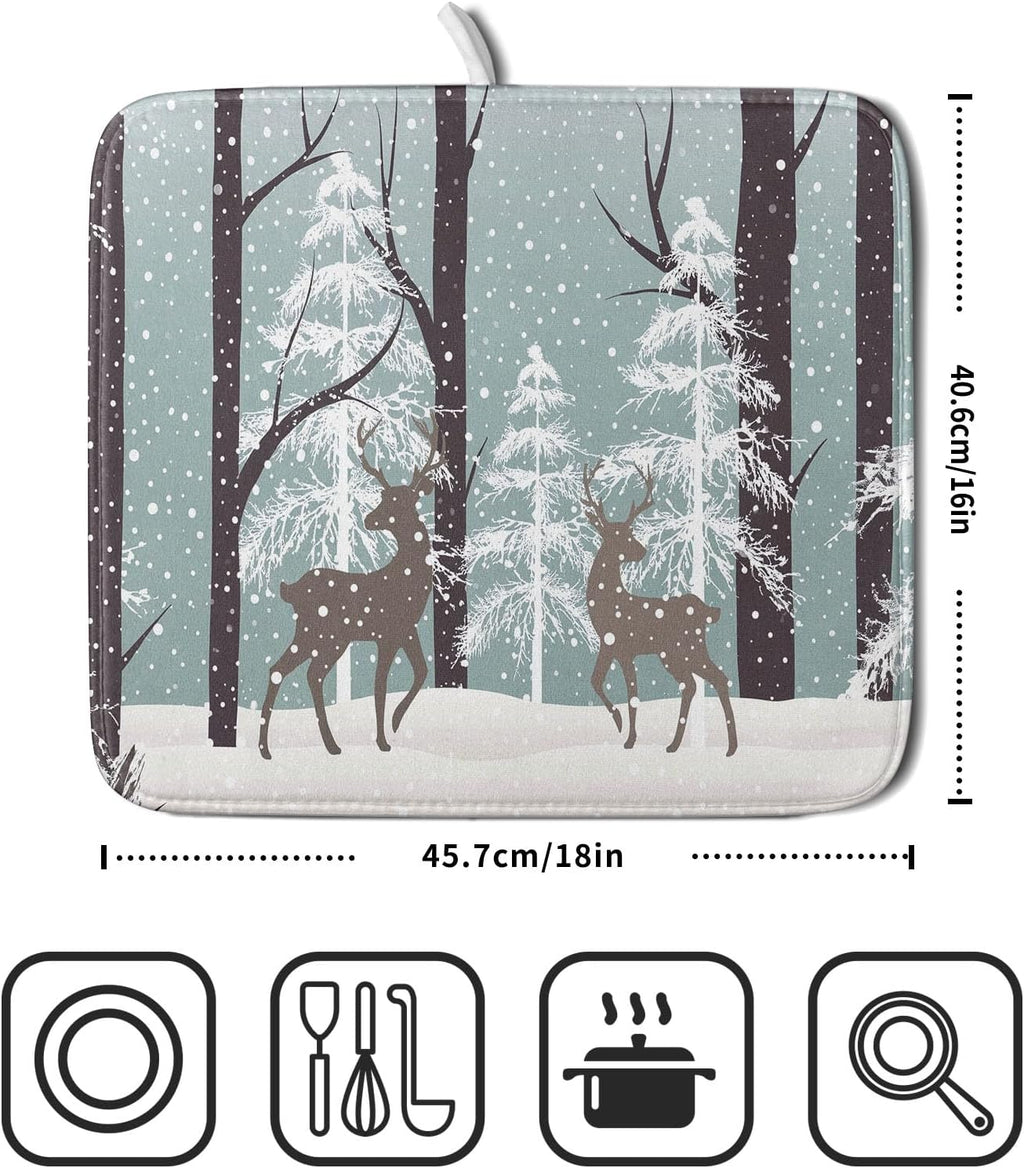 Winter Wildlife Deer Dish Drying Mat for Kitchen Counter,Xmas Landscape Snow Tree Ivory Drying Mat 16 x 18 Inch with High Absorbent Microfiber Drainer Mat for Coffee Bar