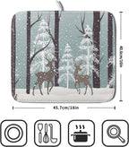 Winter Wildlife Deer Dish Drying Mat for Kitchen Counter,Xmas Landscape Snow Tree Ivory Drying Mat 16 x 18 Inch with High Absorbent Microfiber Drainer Mat for Coffee Bar