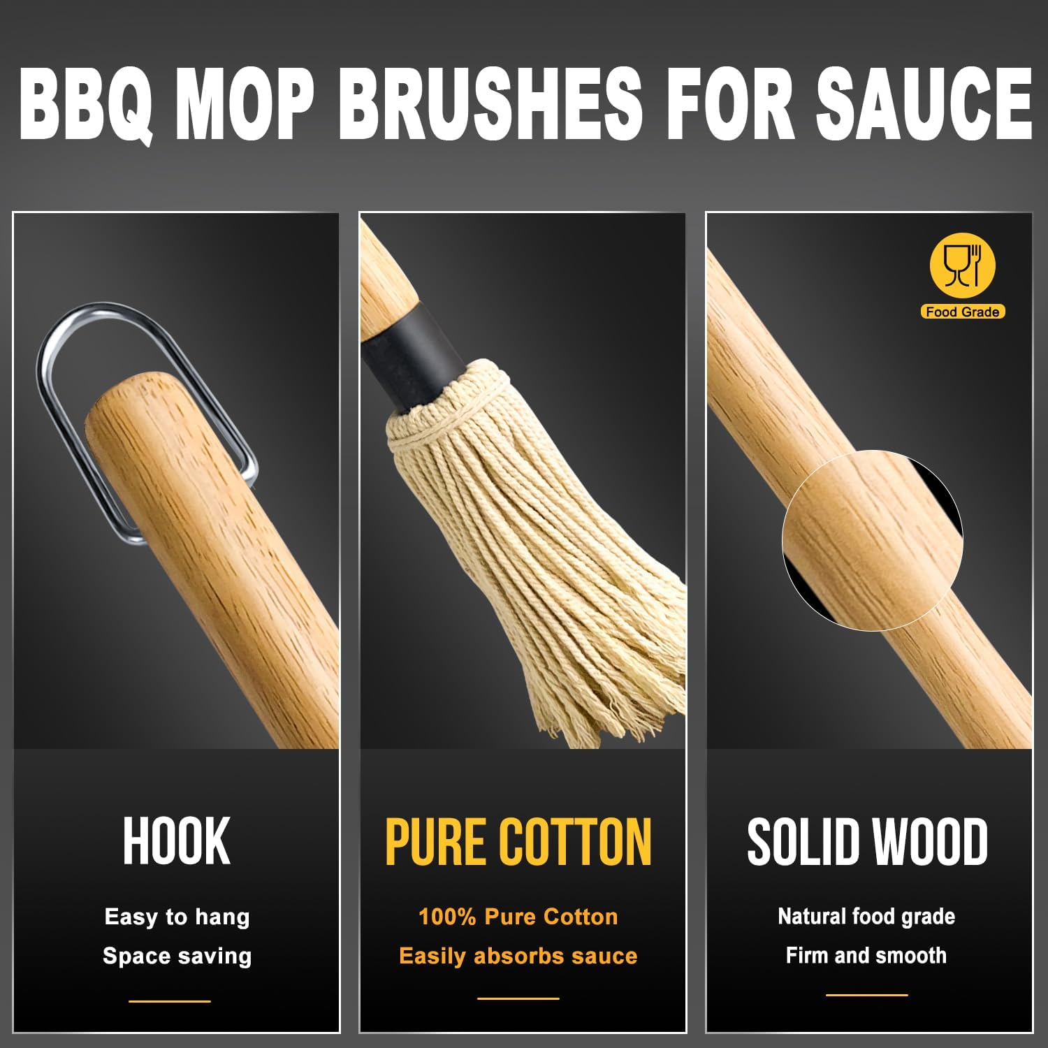 Walfos Basting Brush Silicone and BBQ Mop, Grill Basting Mop with 3 Heads and 2Pcs Pastry Brushes, Wooden Long Handle, Heat Resistant for Grilling, Smoking Steak, Kitchen Cooking (18"）