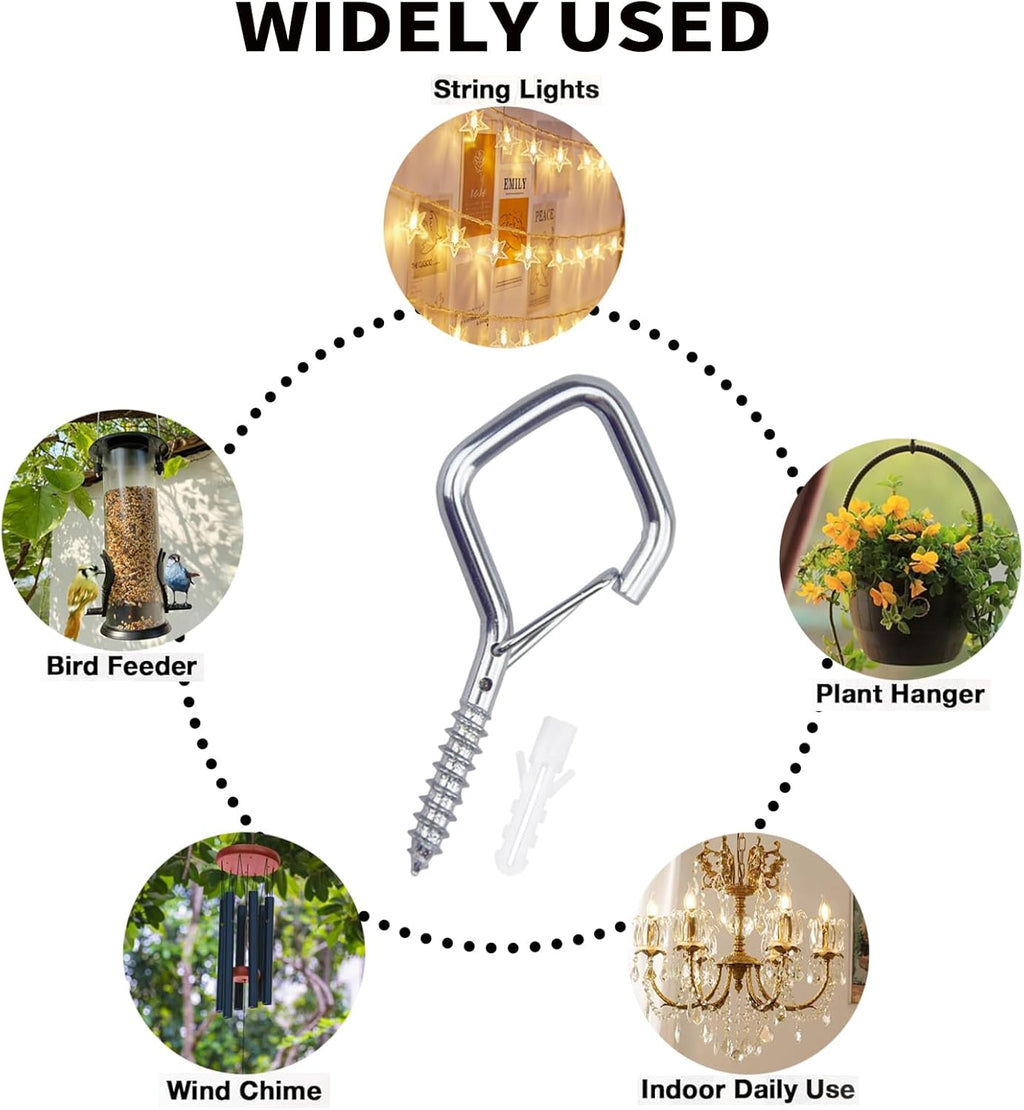 100 PCS Silver Eye Screw Hooks for Hanging Heavy Duty with Safety Buckle.Metal Ceiling Hooks for Hanging Plants Cup Wind Chime Bird Feeders Patio Lights at Indoor&Outdoor