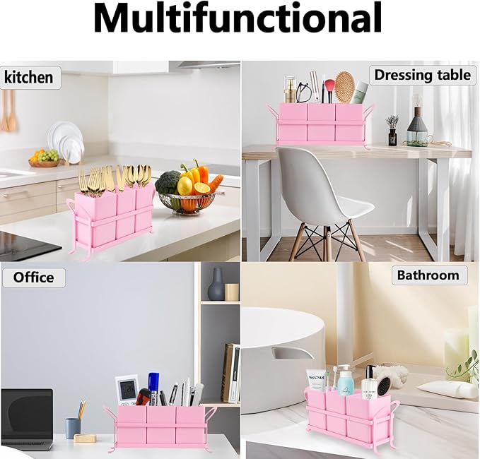 Metal Silverware Caddy,3 Compartment Utensil Holder With Metal Rack,Utensil Caddy Flatware Cutlery Organizer for Countertop Party Picnic Camping Outdoor Pink