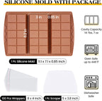 1 Pc Chocolate Bar Mold Deep Large Chocolate Molds Silicone Break Apart Thick Silicone Molds for Candy Bar, With 100 Pcs Bags and 1 Pc Scraper Set (10 Snap）