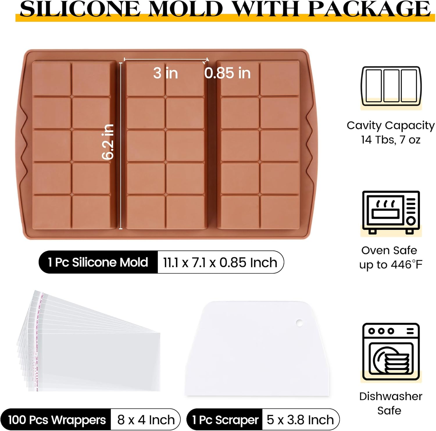 1 Pc Chocolate Bar Mold Deep Large Chocolate Molds Silicone Break Apart Thick Silicone Molds for Candy Bar, With 100 Pcs Bags and 1 Pc Scraper Set (10 Snap）