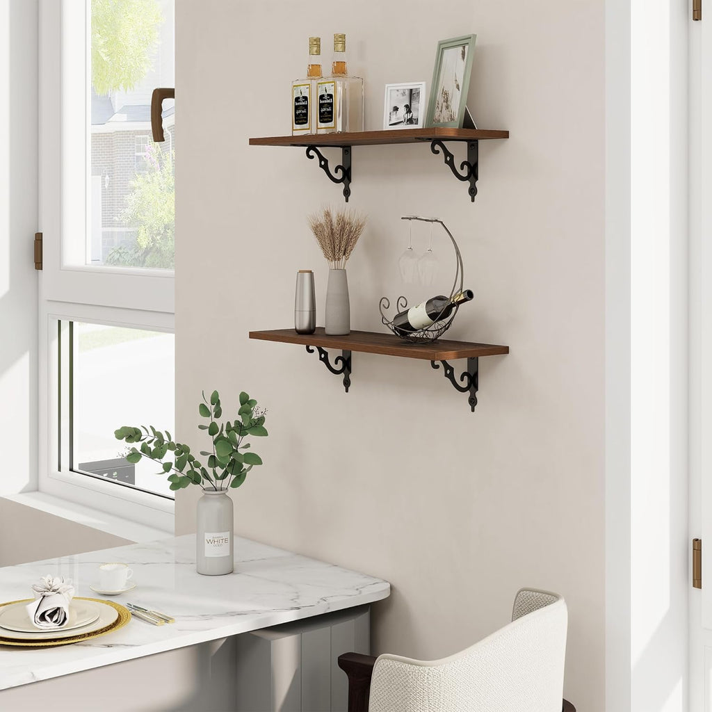 RICHFOCUS Floating Shelves for Wall Decor, 24Inch Wall Shelves Set of 2, 24W x 8D Floating Shelves Wall Mounted with Metal Brackets, Rustic Wood Shelves for Living Room Bedroom Kitchen, Walnut