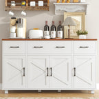 55" Sideboard Buffet Cabinet with Storage, Coffee Bar Cabinet with 3 Drawers and 4 Barn Doors, Long Storage Cabinet Modern Farmhouse, White Wood, for Kitchen, Dining Room, Living Room