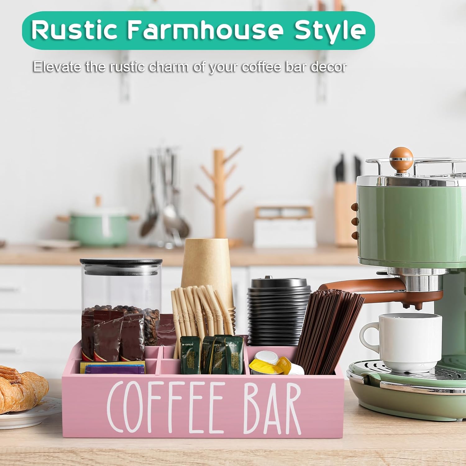 ALELION Pink Coffee Station Organizer for Countertop - 7 Compartments Coffee Bar Accessories and Organizer with Removable Dividers - for Pink Kitchen Coffee Bar Decor