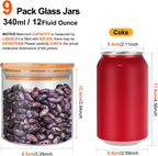 Glass Food Storage Containers Jars with Airtight Bamboo Lid 12 oz 9 pcs, 340 ml Pantry Organization Jar, Glass Terrarium with Lid, Spice, Flour and Sugar Container, Canister Set for Kitchen Counter