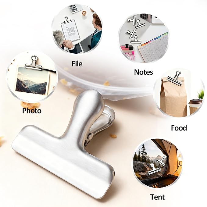 6 Pack Heavy-Duty Stainless Steel Chip Clips，3" Wide Air Tight Bag Clips for Food，Air Tight Seal Food Bag for Kitchen & Home (Silver Finish)