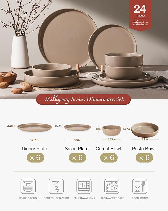Famiware Milkyway Stoneware Dinnerware Sets with Pasta Bowls, Service for 6 (24 Pieces), Plates and Bowls Sets -Scratch Resistant, Microwave and Dishwasher Safe Dishes Set, Cinnamon Brown