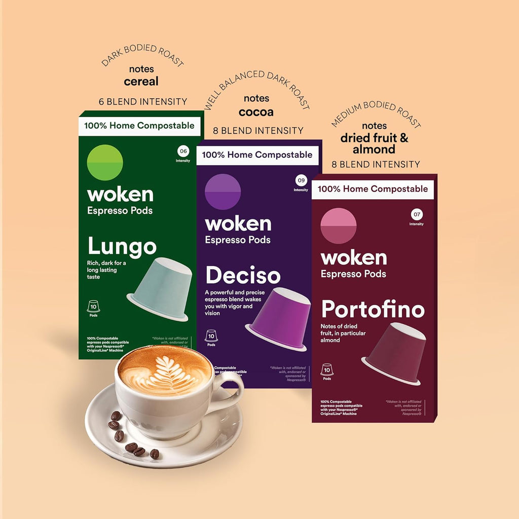 WOKEN COFFEE Compostable Nespresso Pods Variety Pack - Dark and Medium Roast Italian Espresso - Compostable Coffee Pods Compatible with Nespresso Machine (60 Pod Count, 6 Boxes)