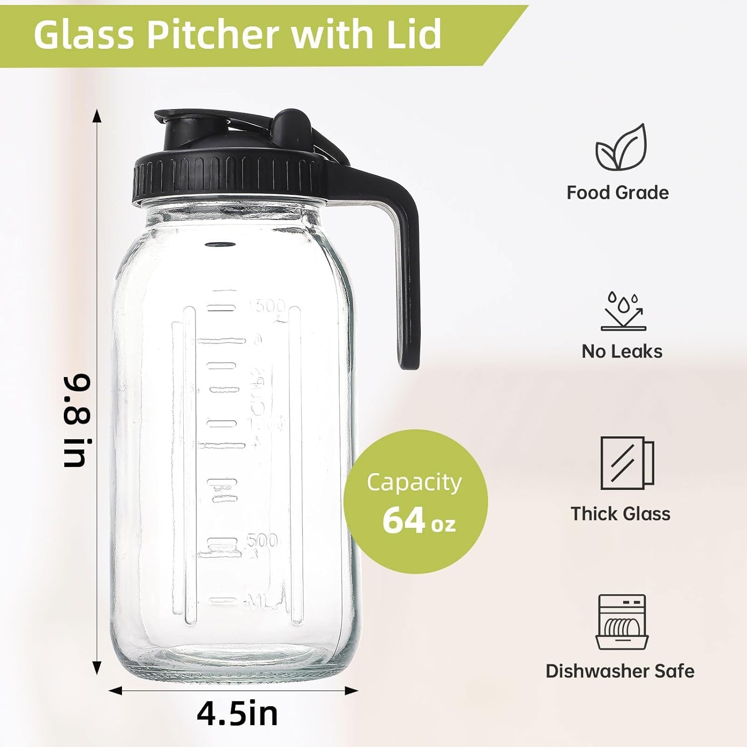 2 Quart Glass Pitcher with Lid for Fridge, Cold Brew Coffee Maker 64 oz, 2 Pack Airtight Leakproof Iced Tea Pitcher with Stainless Steel Filter, New Years Gifts for Friends (Black & Gray)