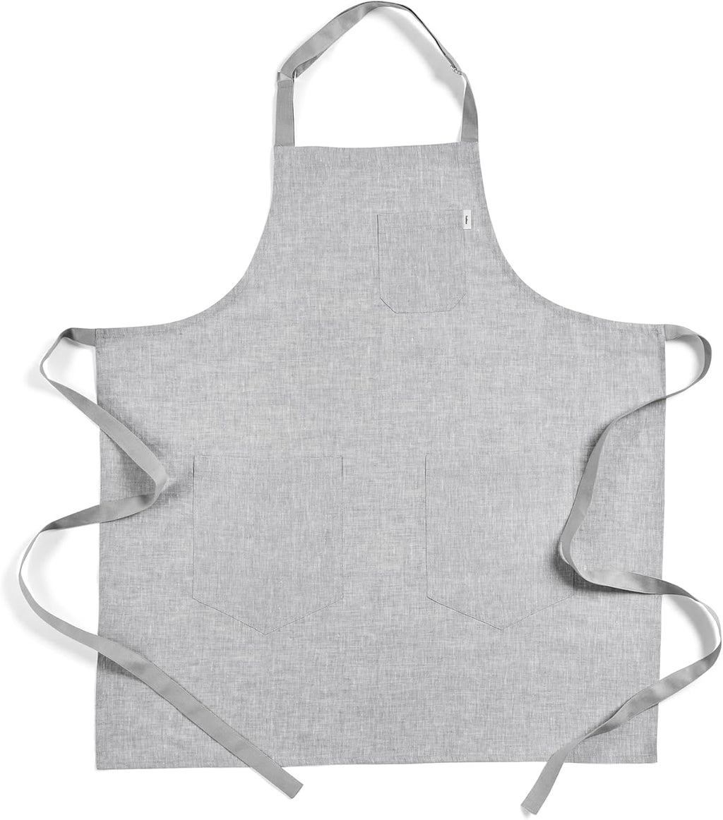 Solino Home Linen Bib Apron for Men & Women - Oyster Grey/Soft Grey Kitchen Apron with Front Pockets - Handcrafted from European Flax