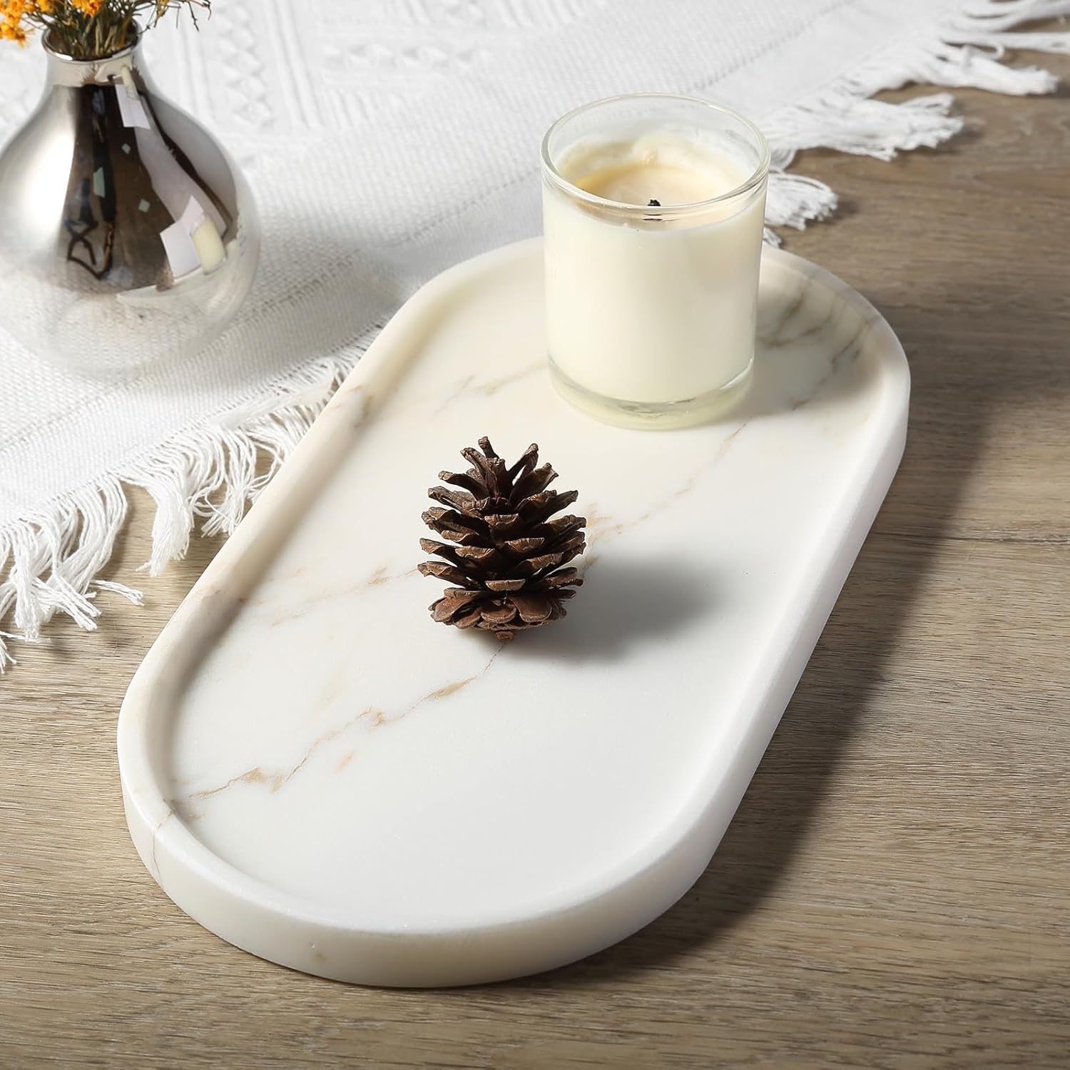 Koville White Marble Tray with Gold Pattern for Bathroom Counter, Stone Trays for Home Decor Marble Vanity Tray, Stone Storage Trays for Perfume, Jewelry, Decorative Tray for Dresser Organizer