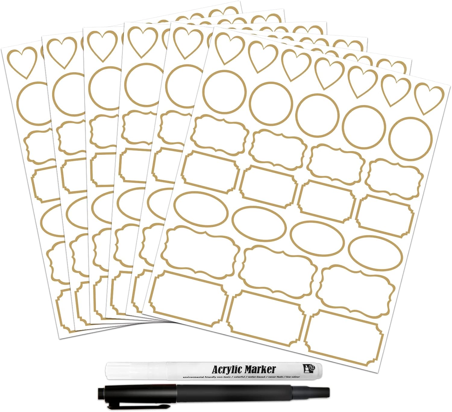 Clear Labels for Jars 180pcs Waterproof Removable Transparent Write-on Label Stickers with Gold Border,Great for Food Container Spice Bottle Condiment Flour Sugar Canisters Storage Bins,Free 2 Markers