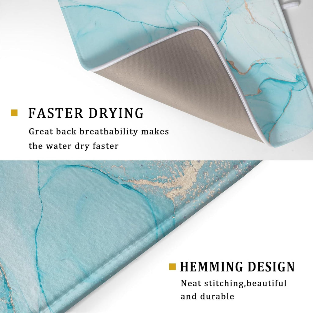 Teal Blue Marble Dish Drying Mat for Kitchen Counter Decor 18x24 Inch Absorbent Reversible Microfiber Turquoise Gold Dish Drying Pad Green Dish Drainer Rack Mats for Coffee Bar