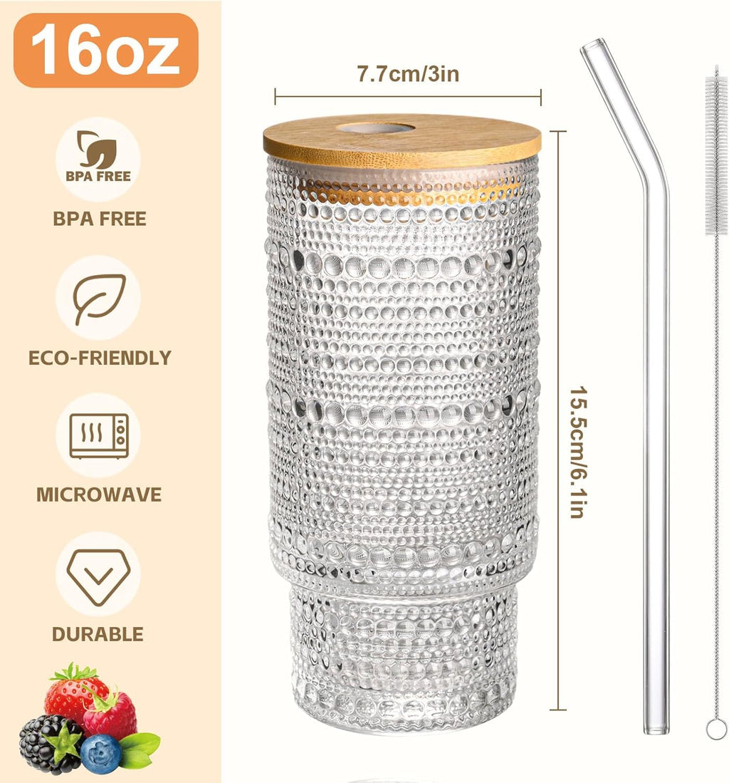 16OZ Glass Tumbler with Straw and Lid,Glass Cups with Lids and Straws,Ribbed Iced Coffee Cups Vintage Embossed Glassware for Juice Whiskey Cocktail Beer(1Pack)